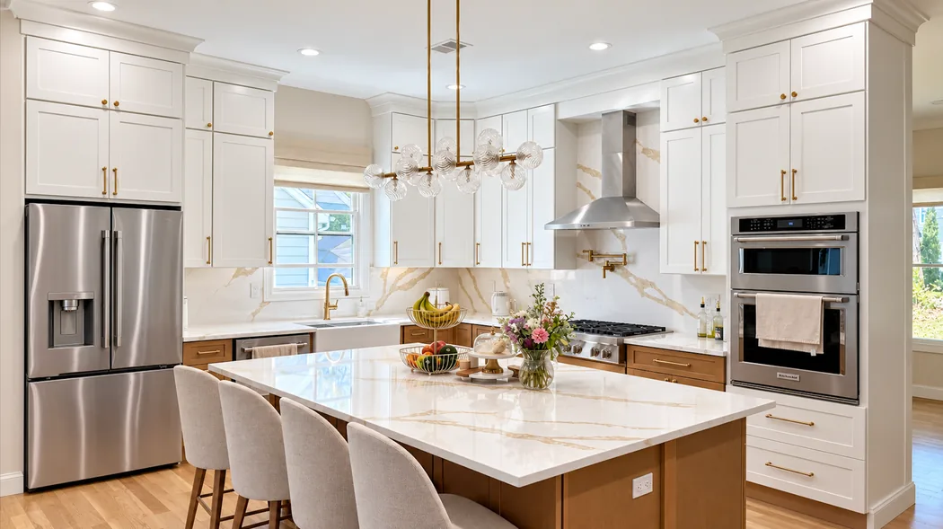 Bright kitchen with white shaker cabinetry, warm wood island, marble-look countertops and pendant lighting