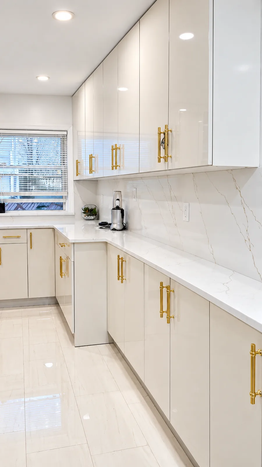 Long white cabinetry wall with light countertops and gold handles