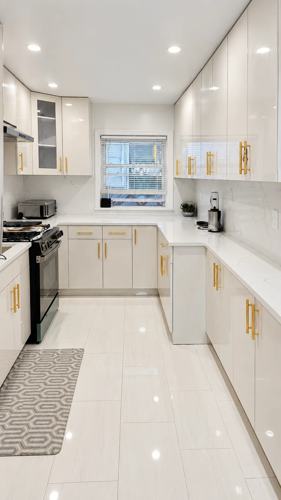Compact white kitchen with gold cabinet handles, white backsplash and stainless-steel range
